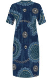 Baby Blue Casual Street Faux Denim Print Pocket V Neck Printed Plus Size Dresses
