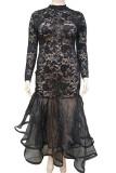 Red Sexy Solid Color Lace Patchwork Mesh Zipper O Neck Long Plus Size Dresses