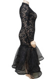 Red Sexy Solid Color Lace Patchwork Mesh Zipper O Neck Long Plus Size Dresses