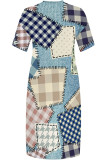 Baby Blue Casual Street Faux Denim Print Pocket V Neck Printed Plus Size Dresses