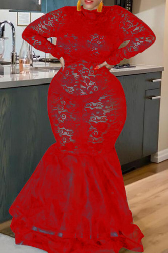 Red Sexy Solid Color Lace Patchwork Mesh Zipper O Neck Long Plus Size Dresses