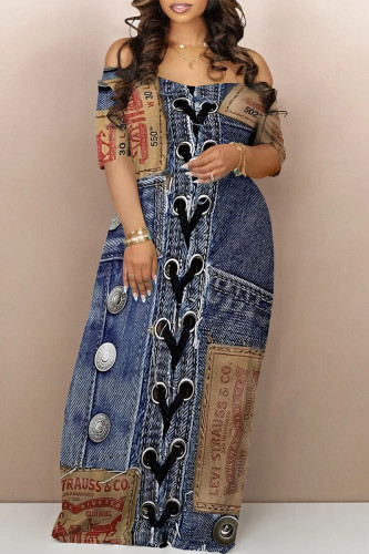 Dark Blue Sexy Street Faux Denim Print Contrast Off Shoulder Printed Dresses