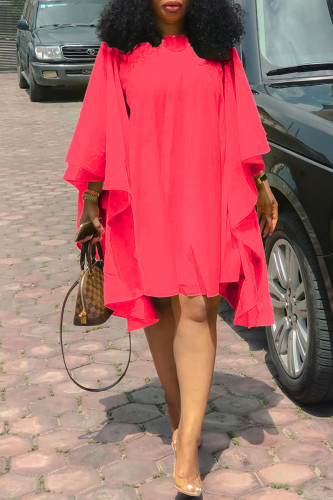 Rose Red Street Solid Color Patchwork Ruched O Neck Irregular Plus Size Dresses
