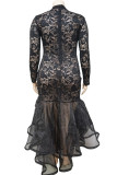 Red Sexy Solid Color Lace Patchwork Mesh Zipper O Neck Long Plus Size Dresses