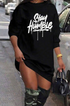 Black Casual Letters Patchwork O Neck Straight Dresses