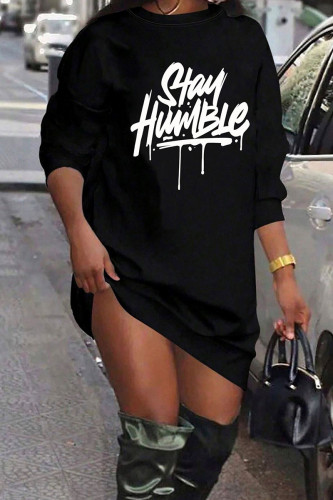 Black Casual Letters Patchwork O Neck Straight Dresses