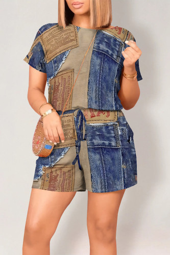 Blue Coffee Casual Street Faux Denim Print Draw String Pocket O Neck Loose Rompers