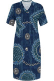 Baby Blue Casual Street Faux Denim Print Pocket V Neck Printed Plus Size Dresses