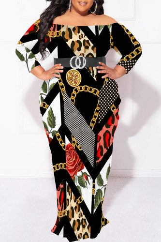 Red Sexy Floral Print Leopard Off Shoulder Long Sleeve Plus Size Bodycon Maxi Dresses