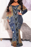 Baby Blue Sexy Faux Denim Print V Neck Long Sleeve Fishtail Plus Size Bodycon Maxi Dresses