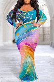Leopard Print Sexy Leopard Gradient Print V Neck Long Sleeve Fishtail Hem Casual Vacation Plus Size Bodycon Maxi Dresses