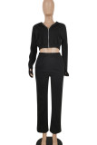 Black Casual Solid Color Pocket Patchwork Zipper Zipper Collar Long Sleeve Two Pieces
