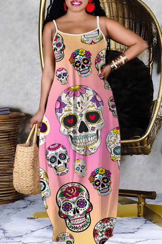 Pink Casual Halloween Skull Print Sleeveless Backless Spaghetti Strap Casual Vacation Plus Size Loose Straight Maxi Slip Dresses