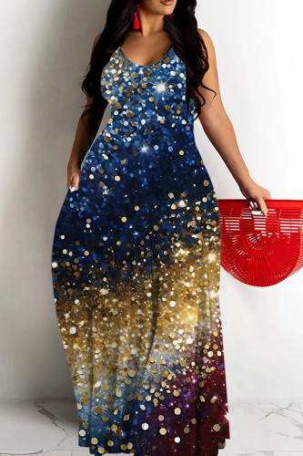 Dark Blue Casual Graphic Print Sleeveless Backless Spaghetti Strap Casual Vacation Plus Size Loose Straight Maxi Dresses
