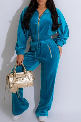 Blue Casual Solid Color Draw String Pocket Patchwork Zipper Zipper Collar Long Sleeve Two Pieces