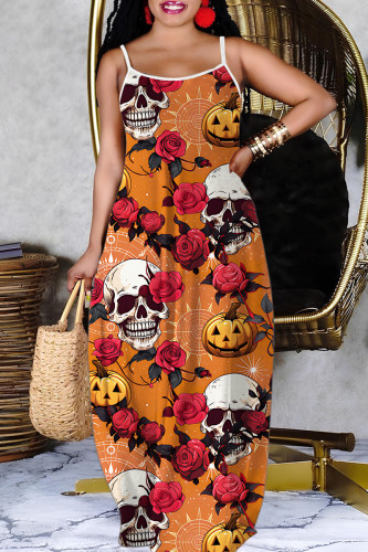 Orange Casual Halloween Skull Print Sleeveless Backless Spaghetti Strap Casual Vacation Plus Size Loose Straight Maxi Slip Dresses