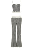 Black Casual Plaid Lace Patchwork Backless Spaghetti Strap Sleeveless Two Pieces