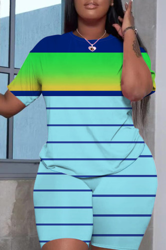 Turquoise Graphic Print O Neck Short Sleeve T Shirt and Skinny Shorts Casual Plus Size Two Piece Short Set