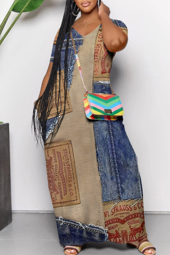 Blue Coffee Sexy Faux Denim Print Pocket V Neck Short Sleeve Straight Loose Maxi Dresses