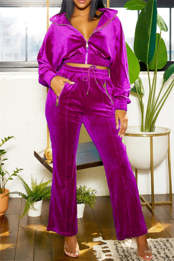 Rose Red Casual Solid Color Zipper Turndown Collar Long Sleeve Two Pieces