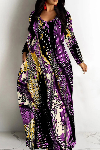 Black Purple Casual Graphic Print V Neck Long Sleeve Vacation Straight Loose Maxi Dresses