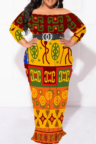 Orange Yellow Elegant Print Patchwork Backless Off Shoulder Printed Plus Size Dresses
