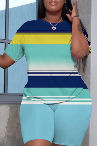 Blue Yellow Graphic Print O Neck Short Sleeve T Shirt and Skinny Shorts Casual Plus Size Two Piece Short Set