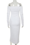 White Sexy Solid Color Patchwork Backless Ruched Deep V Neck Wrapped Skirt Dresses