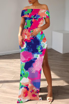 Blue Casual Floral Print Off Shoulder Droped Sleeve High Slit Vacation Maxi Dresses