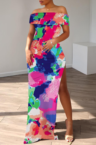 Blue Casual Floral Print Off Shoulder Droped Sleeve High Slit Vacation Maxi Dresses