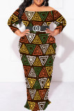 Brown Elegant Print Patchwork Backless Off Shoulder Printed Plus Size Dresses