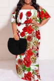 Black Floral Print Backless Off Shoulder Short Sleeve Casual Vacation Plus Size Straight Maxi Dress
