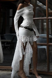 White Elegant Solid Color Lace Patchwork Ruched Off Shoulder Irregular Dresses