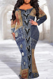 Baby Blue Sexy Faux Denim Print V Neck Long Sleeve Fishtail Plus Size Bodycon Maxi Dresses