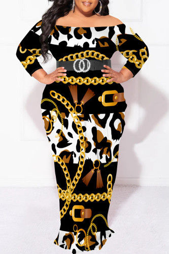 Yellow Sexy Floral Print Leopard Off Shoulder Long Sleeve Plus Size Bodycon Maxi Dresses