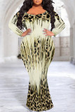 Leopard Print Sexy Leopard Gradient Print V Neck Long Sleeve Fishtail Hem Casual Vacation Plus Size Bodycon Maxi Dresses
