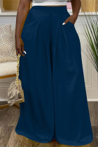 Navy Blue Casual Street Daily Solid Color Pocket Loose High Waist Wide Leg Solid Color Bottoms