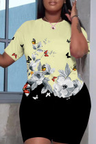 Black Yellow Graphic Print O Neck Short Sleeve T Shirt and Skinny Shorts Casual Plus Size Two Piece Short Set