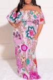 Black Floral Print Backless Off Shoulder Short Sleeve Casual Vacation Plus Size Straight Maxi Dress