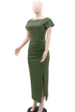 Army Green Elegant Solid Color Patchwork High Slit Ruched O Neck Long Dresses