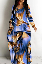 Blue Casual Graphic Print V Neck Long Sleeve Vacation Straight Loose Maxi Dresses