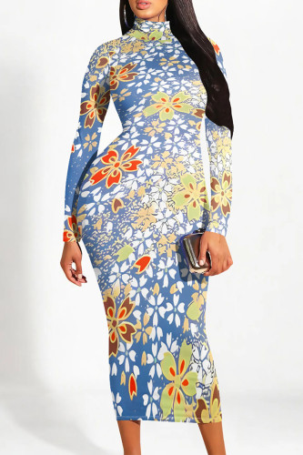 Blue Geometric Flower Print Half A Turtleneck Long Sleeve Fall Bodycon Maxi Dresses