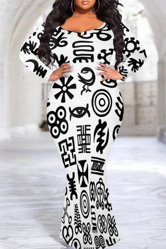 Black And White Elegant Print Patchwork O Neck Long Plus Size Dresses