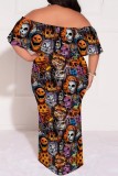 Orange Casual Halloween Skull Print Off Shoulder Casual Vacation Plus Size Straight Loose Maxi Dresses