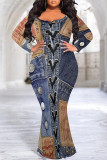 Baby Blue Sexy Faux Denim Print V Neck Long Sleeve Fishtail Plus Size Bodycon Maxi Dresses