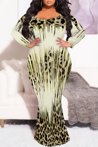 Leopard Print Sexy Leopard Gradient Print V Neck Long Sleeve Fishtail Hem Casual Vacation Plus Size Bodycon Maxi Dresses