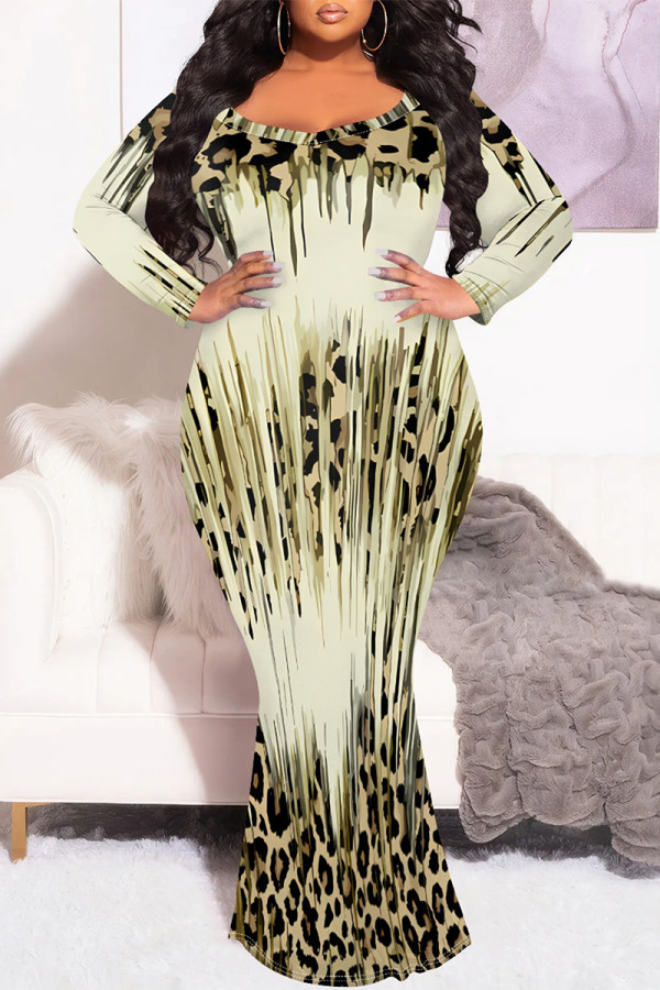 Leopard Print Sexy Leopard Gradient Print V Neck Long Sleeve Fishtail Hem Casual Vacation Plus Size Bodycon Maxi Dresses