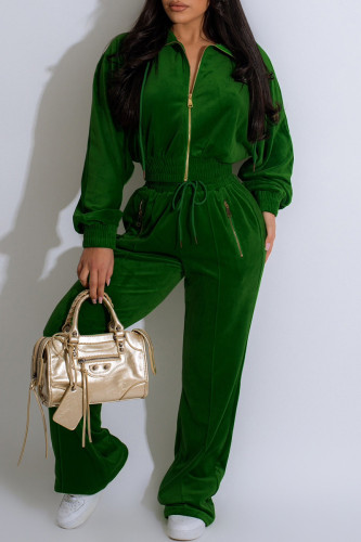 Green Casual Solid Color Draw String Pocket Patchwork Zipper Zipper Collar Long Sleeve Two Pieces