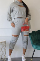 Light Gray Casual Solid Color Hollow Out Draw String Pocket Patchwork Hooded Long Sleeve Two Pieces
