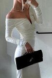 White Sexy Solid Color Patchwork Backless Ruched Deep V Neck Wrapped Skirt Dresses
